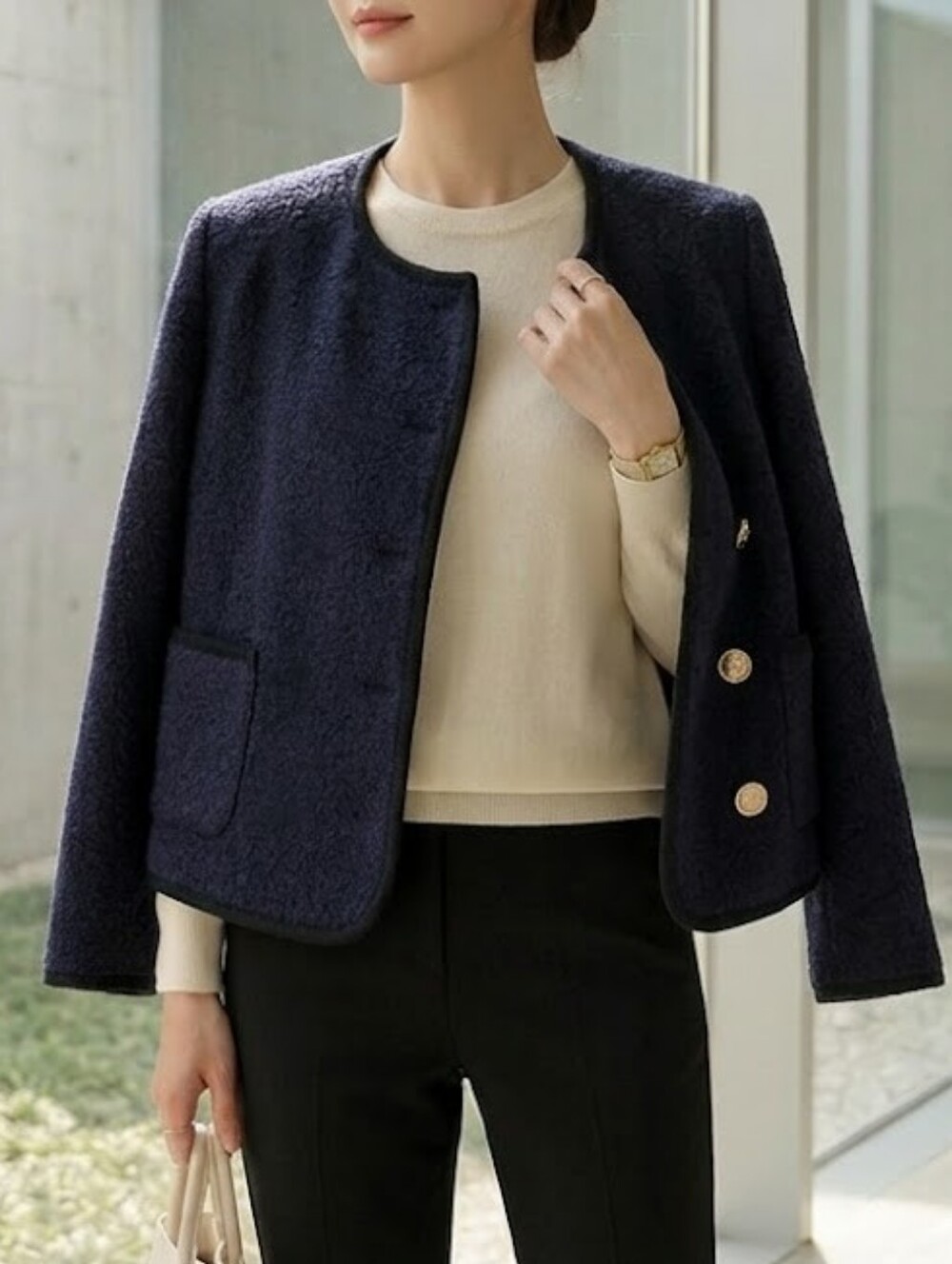 B+AB Bouclé Wool Blend Round-Neck Blazer Jacket In Navy Size XS